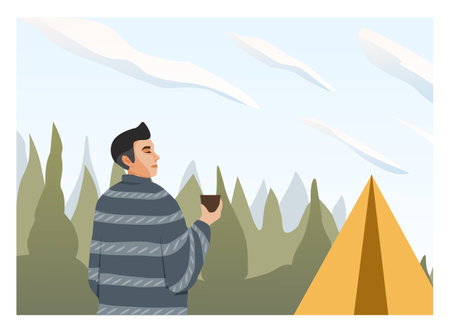 People travel in nature, looking at sky horizons, clouds. Scenes with people walking alone, enjoy scenic nature views. Harmony, freedom concept. Flat vector illustrationsのイラスト素材