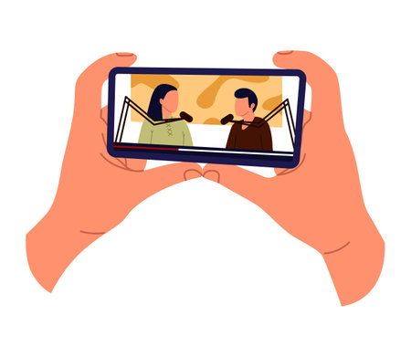 Watching videos online on mobile phone screen. Podcast, news, watching video online, talk show, tv application, live streaming. Hand holding phoneのイラスト素材