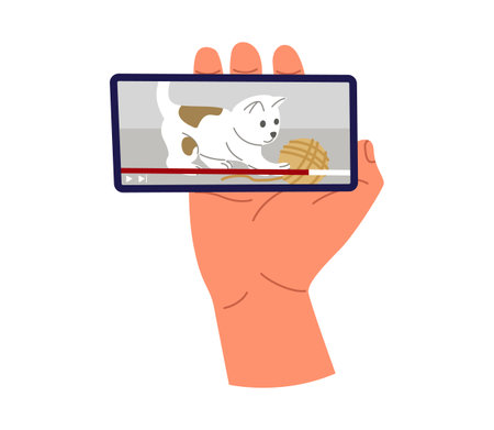 Watching videos online on mobile phone screen. Podcast, news, watching video online, talk show, tv application, live streaming. Hand holding phoneのイラスト素材