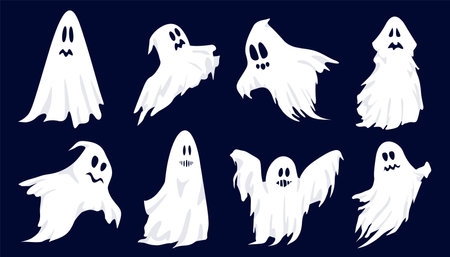 Set of halloween ghosts. Halloween scary spirits in different poses. Spooky flying phantom ghosts vector symbols illustrations set.のイラスト素材