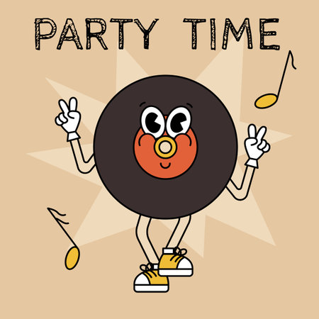 Retro cartoon sticker with funny comic plate character, gloved hands. Hand drawn doodles of comic groovy character. Vintage vector.のイラスト素材