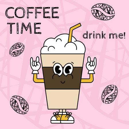 Retro cartoon sticker with funny comic coffee character, gloved hands. Hand drawn doodles of comic groovy character. Vintage vector.のイラスト素材