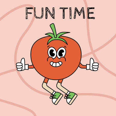 Retro cartoon sticker with funny comic tomato character, gloved hands. Hand drawn doodles of comic groovy character. Vintage vector.のイラスト素材