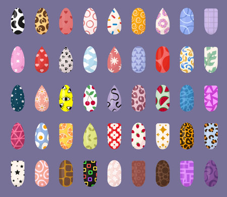 Ideas of nails design art. Bright colorful manicure set. Colorful glossy decorative polish collection with texture and print for finger nail.のイラスト素材