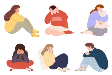 Collection of teens in stressful situations or teenagers psychological problems. Stressed unhappy crying teenagers in depression. Upset tired young people. Flat graphicのイラスト素材