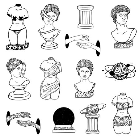 Abstract greek ancient sculpture and surreal geometric shapes. Set of stickers, pins, patches in trendy psychedelic weird cartoon style. modern statues and cosmic space elementsのイラスト素材
