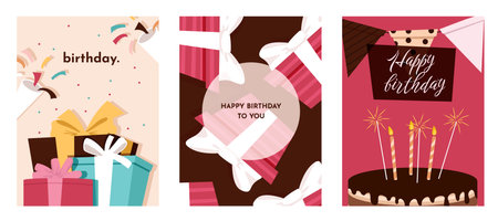 Set of Birthday greeting cards with cake, gift box, balloons. Holliday, party, vacation, happy birthday. Vector templates for card, poster, flyer, banner and otherのイラスト素材