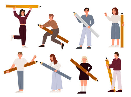 Various people with a large pencil. Funny young students holding writing or painting of giant pencils, person education concept guy and girl charactersのイラスト素材