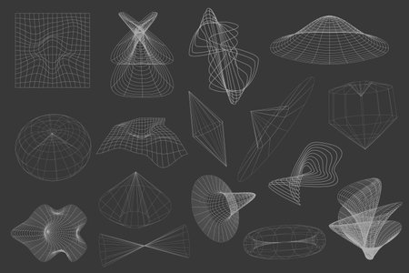 Retro futuristic y2k geometry design elements collection. 3d shapes, wireframe, cyberpunk windows and perspective grids. Aesthetic y2k geometric elements and wireframe shapesのイラスト素材
