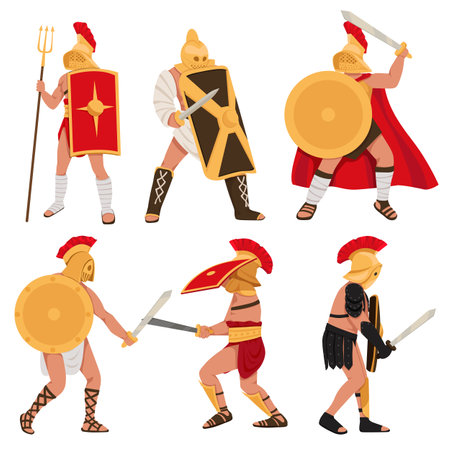Gladiator characters. People in armor. Warriors with different weapons. Sparta coliseum fight character, ancient roman army charactersのイラスト素材