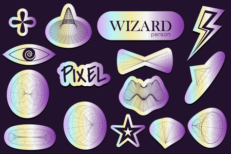 Holographic stickers. Y2k metallic gradient sticker. Shine metal badges of various shapes. Gradient sale and discount stickers. Shiny holo texture retro icons.Hype CD effect tagのイラスト素材