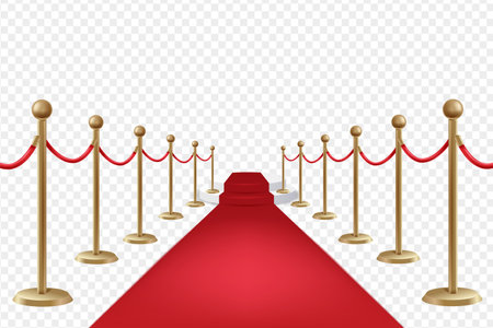 Red carpet on stairs with red ropes on golden stanchions and golden barriers. Barrier Rope Luxury Vip Concept. Vector illustration EPS10のイラスト素材