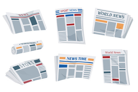 Folded newspapers. Modern news publications. Newspaper icons set. Periodical printing products, daily news and sport, food and medicine, business information, latest press.のイラスト素材