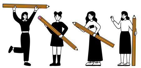 Various people with a large pencil. Funny young students holding writing or painting of giant pencils, person education concept guy and girl charactersのイラスト素材