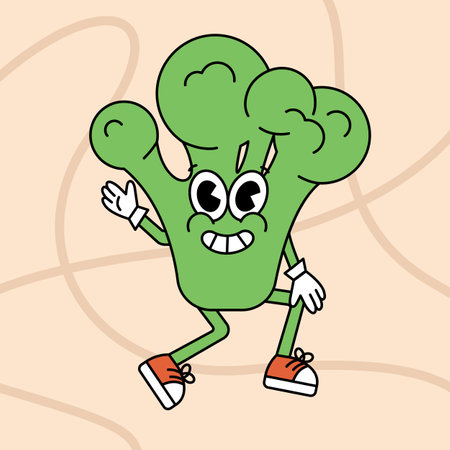 Retro cartoon sticker with funny comic broccoli character, gloved hands. Hand drawn doodles of comic groovy character. Vintage vector.のイラスト素材