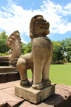 Lion statue made from sand stone at Phimai Historical Parkの写真素材