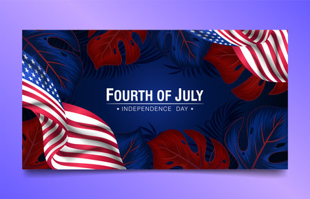 USA Independence Day, 4th of July vector with US flag and monstera leaves backgroundのイラスト素材