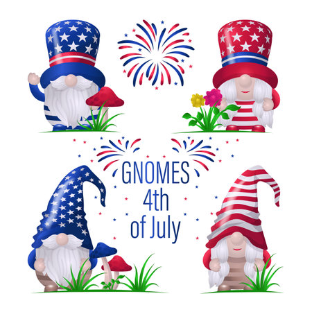 Cute American gnomes collection, Celebrating of 4th of July USA Independence Day vectorのイラスト素材