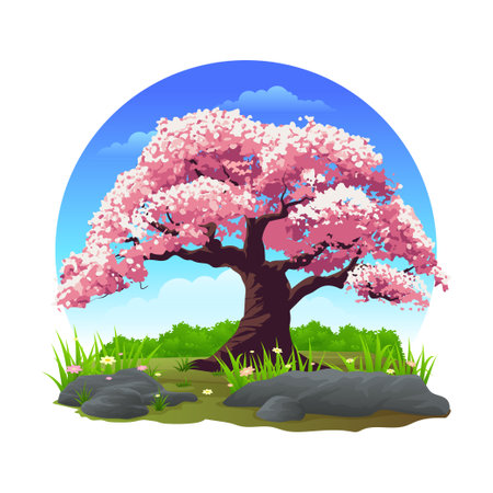 Cherry trees on a small island with lush of green grass vector illustrationのイラスト素材