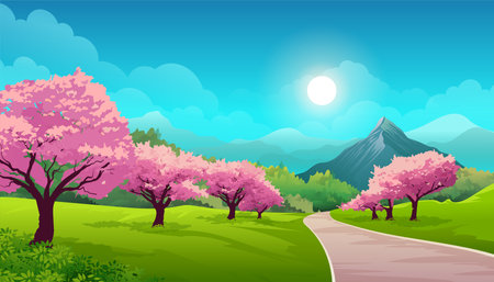 Beautiful Spring season landscape with Cherry blossom tree vector illustrationのイラスト素材