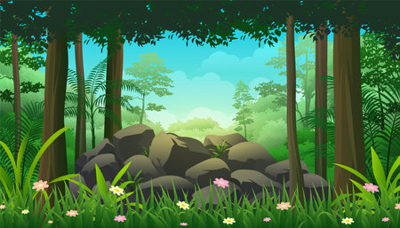 Pile of rocks or stone in the middle of a jungle with trees, lush vegetation vector illustrationのイラスト素材