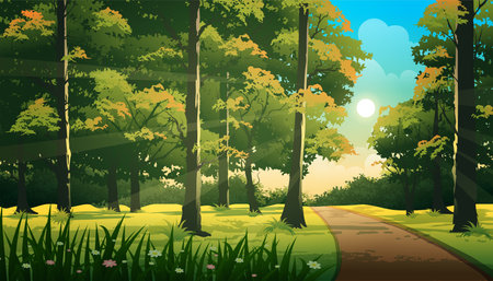 Lush tropical forest with Dirt road through the middle, beautiful jungle vector landscapeのイラスト素材