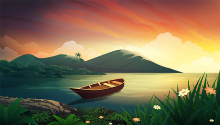 Sunset lake wooden boat with beautiful panoramic vector landscapeのイラスト素材
