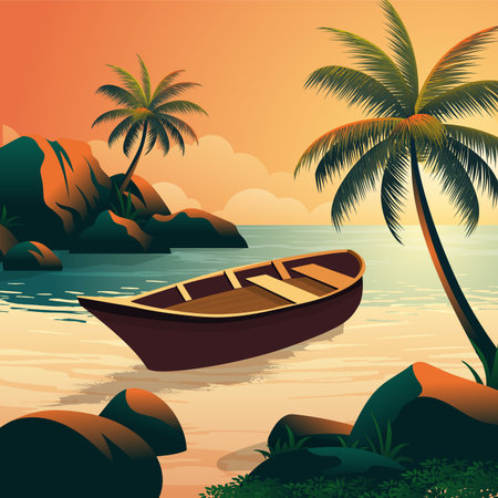 Wooden boat at Sunset lake with beautiful panoramic vector landscapeのイラスト素材