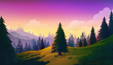 Beautiful sunset view from the top of the pine forest hill, vibrant color vector landscapeのイラスト素材