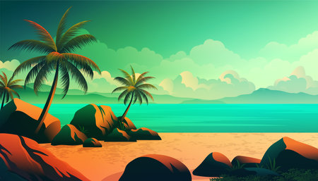 Coconut trees in the beach with some big rocks, beautiful vibrant color landscapeのイラスト素材