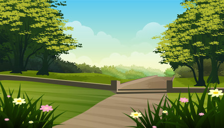 City park with lush grass, flowers and trees vector landscape illustrationのイラスト素材