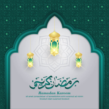 Ramadan Kareem islamic arch with hanging lantern vector backgroundのイラスト素材