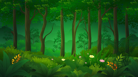 Wild jungle tropical forest nature landscape with green bushes, foliage and exotic plantsのイラスト素材