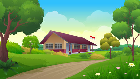 Indonesian elementary school building with dirt road  rural landscape, Education Concept cartoon Illustrationのイラスト素材