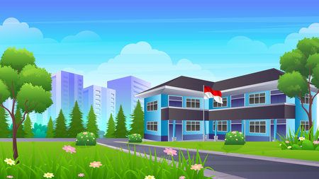 Modern Indonesian Secondary education school building with green lawns, grass and trees cartoon Illustrationのイラスト素材