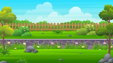 Beautiful Urban garden with wooden fence, green lawn, bush, flower and trees vector illustrationのイラスト素材