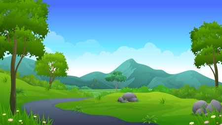 Asphalt road with beautiful paddy rice field, trees and mountain landscape vector illustrationのイラスト素材