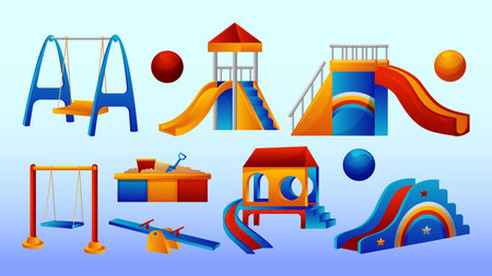 Playground equipment and kindergarten school elements collections with cute and simple designのイラスト素材