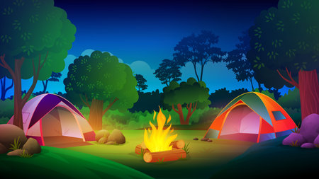 Camping in the forest at night with different tent, lights campfire, trees, cartoon landscapeのイラスト素材