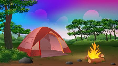 Summer Camping at night with Forest landscape, tent, lights campfire, trees, cartoon illustrationのイラスト素材