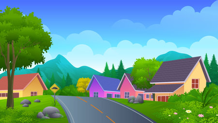 Asphalt road passing through the village house with forest, trees and mountain vector illustrationのイラスト素材