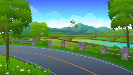 Asphalt road passing through the village house with forest, trees and mountain vector illustrationのイラスト素材