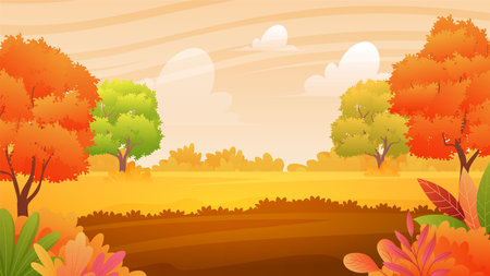 Beautiful Autumn Scenery Landscape Illustration with warm color designのイラスト素材