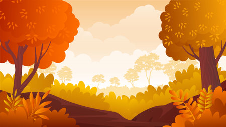 Autumn or Fall Scenery Landscape illustration with warm color designのイラスト素材