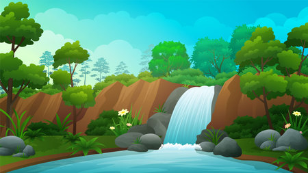 Rocky waterfall flowing over a cliff, Beautiful nature landscape vector illustrationのイラスト素材