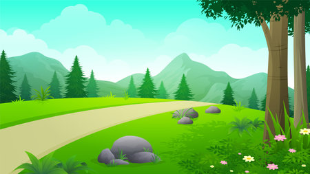 Cute spring road landscape with mountains illustration in flat cartoon styleのイラスト素材