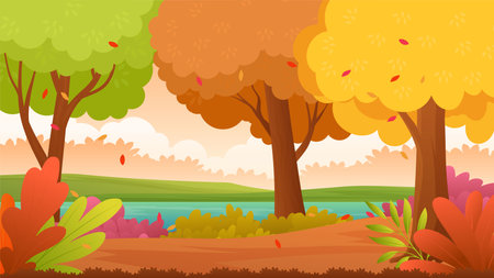 Beautiful autumn landscape with river vector illustrationのイラスト素材