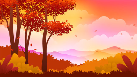 Panorama of autumn season landscape with trees at the hill with warm color designのイラスト素材