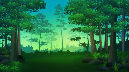 Clearing of dark tropical forest Illustrations with trees and lush grass , nature backgroundのイラスト素材