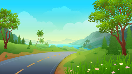 Highway on a hill with beautiful sea and mountain views, nature landscape backgroundのイラスト素材